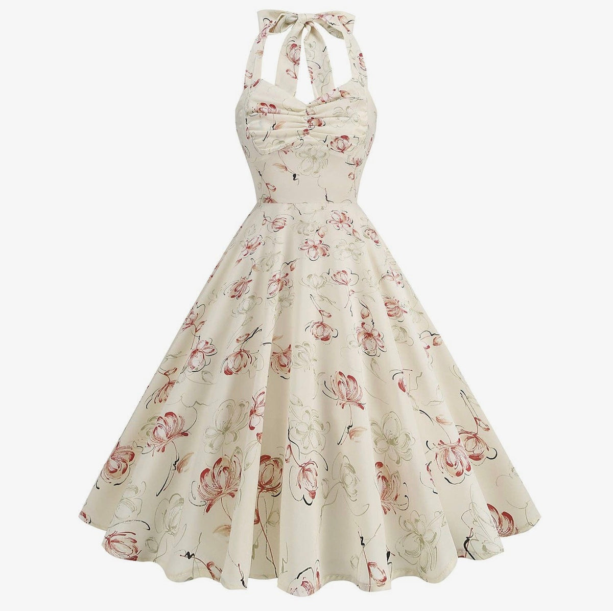 Vintage Abstract Rose Print Backless Maxi Dress