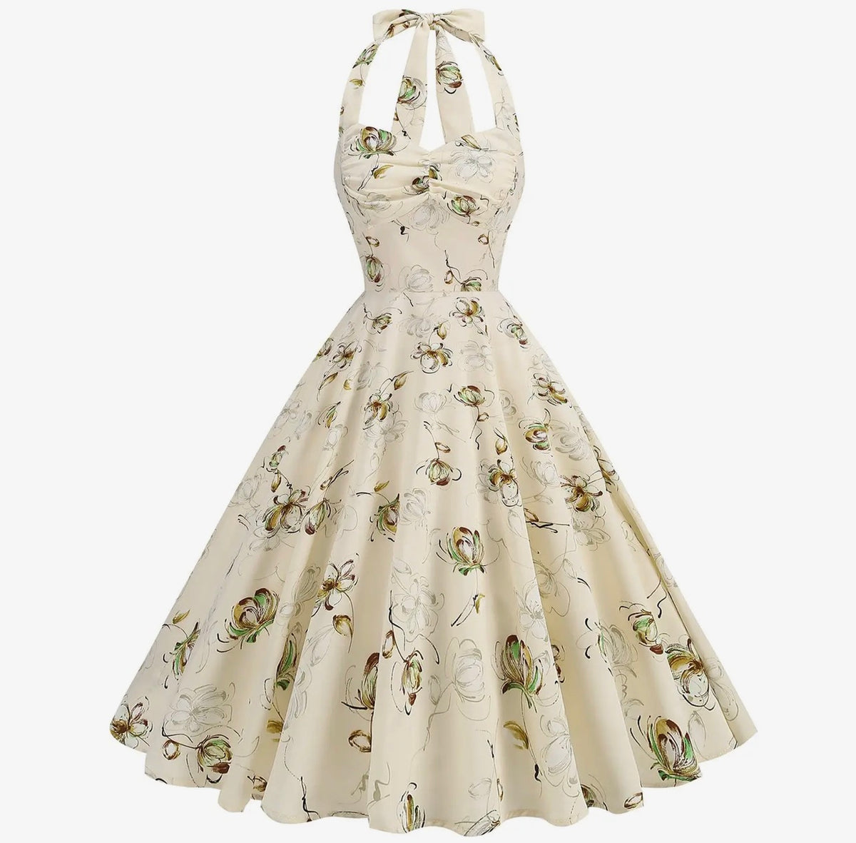 Vintage Abstract Rose Print Backless Maxi Dress