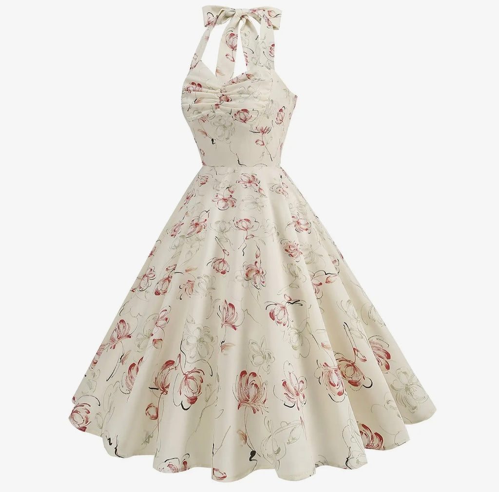 Vintage Abstract Rose Print Backless Maxi Dress