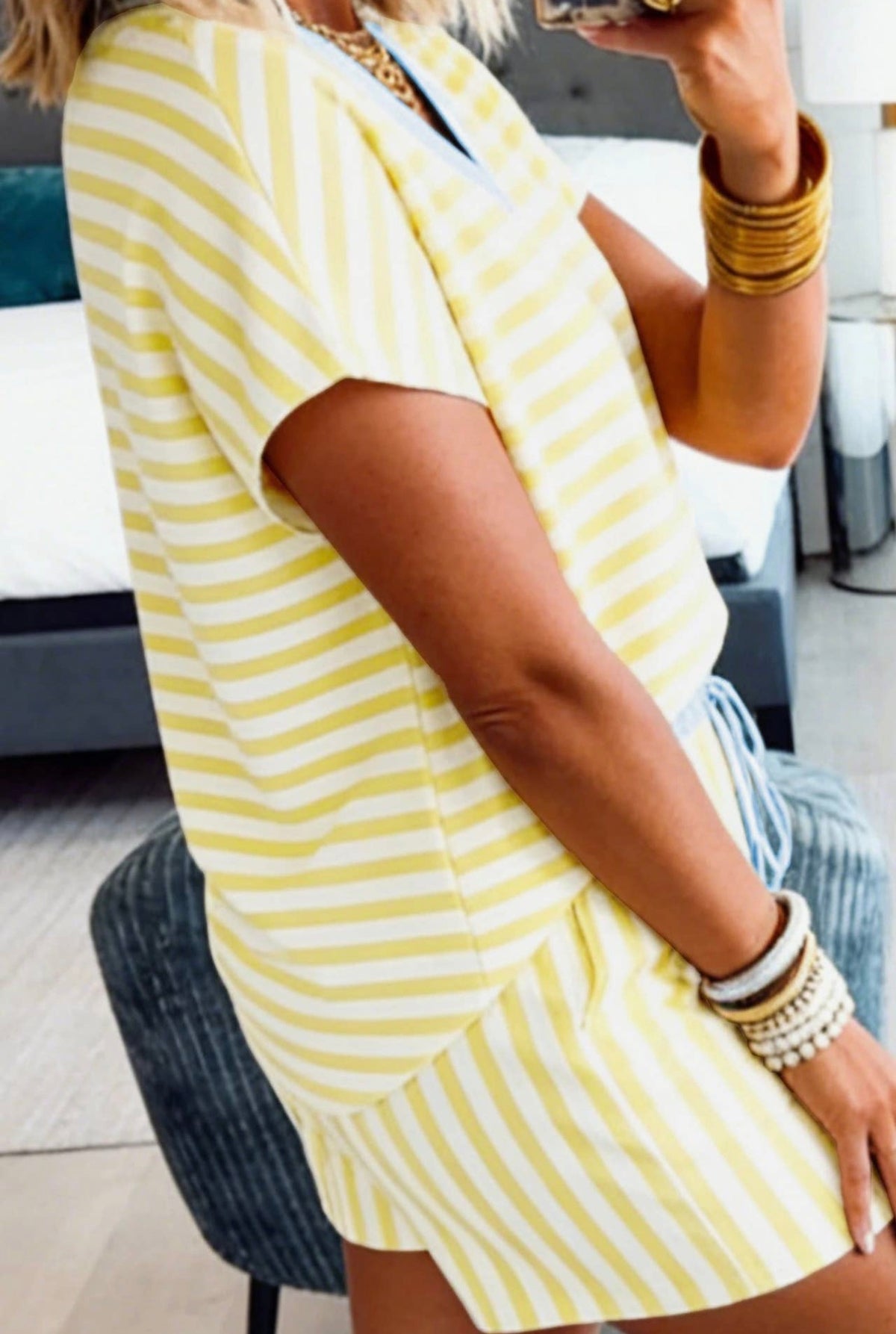 Yellow Stripe V Neck Top and Shorts Lounge Set