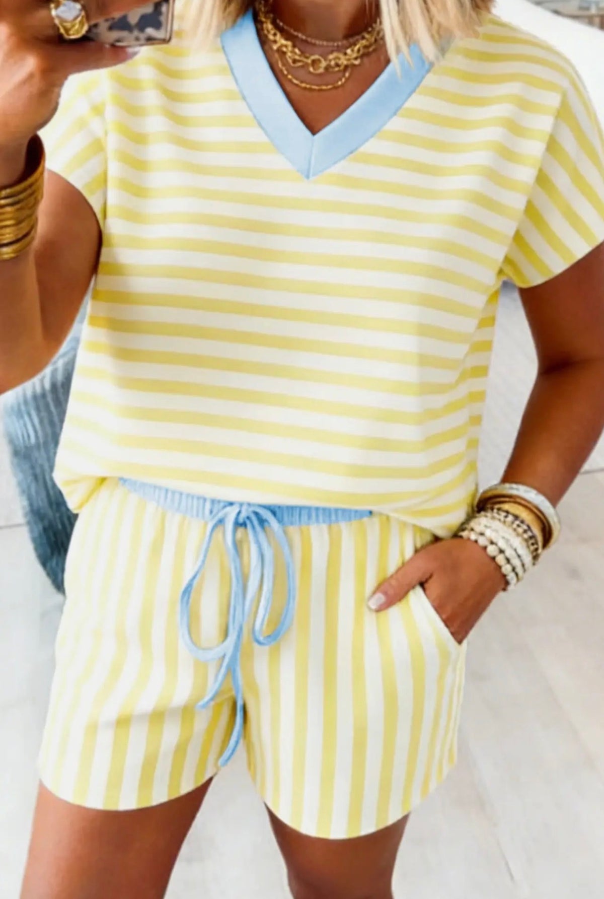 Yellow Stripe V Neck Top and Shorts Lounge Set